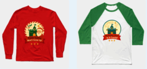 Two holiday disney-inspired shirts for seniors featuring festive apparel phrases and castle motifs
