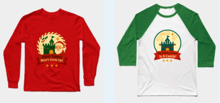 Two holiday disney-inspired shirts for seniors featuring festive apparel phrases and castle motifs