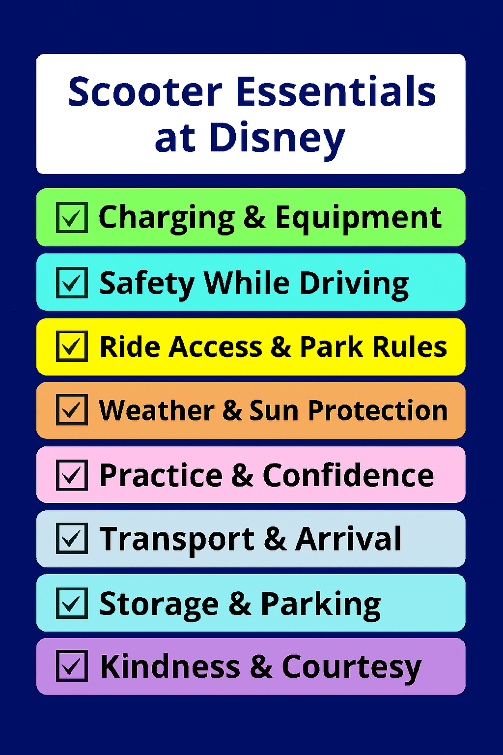 Disney scooter safety checklist for seniors: visibility tips, gear suggestions, and park navigation advice.